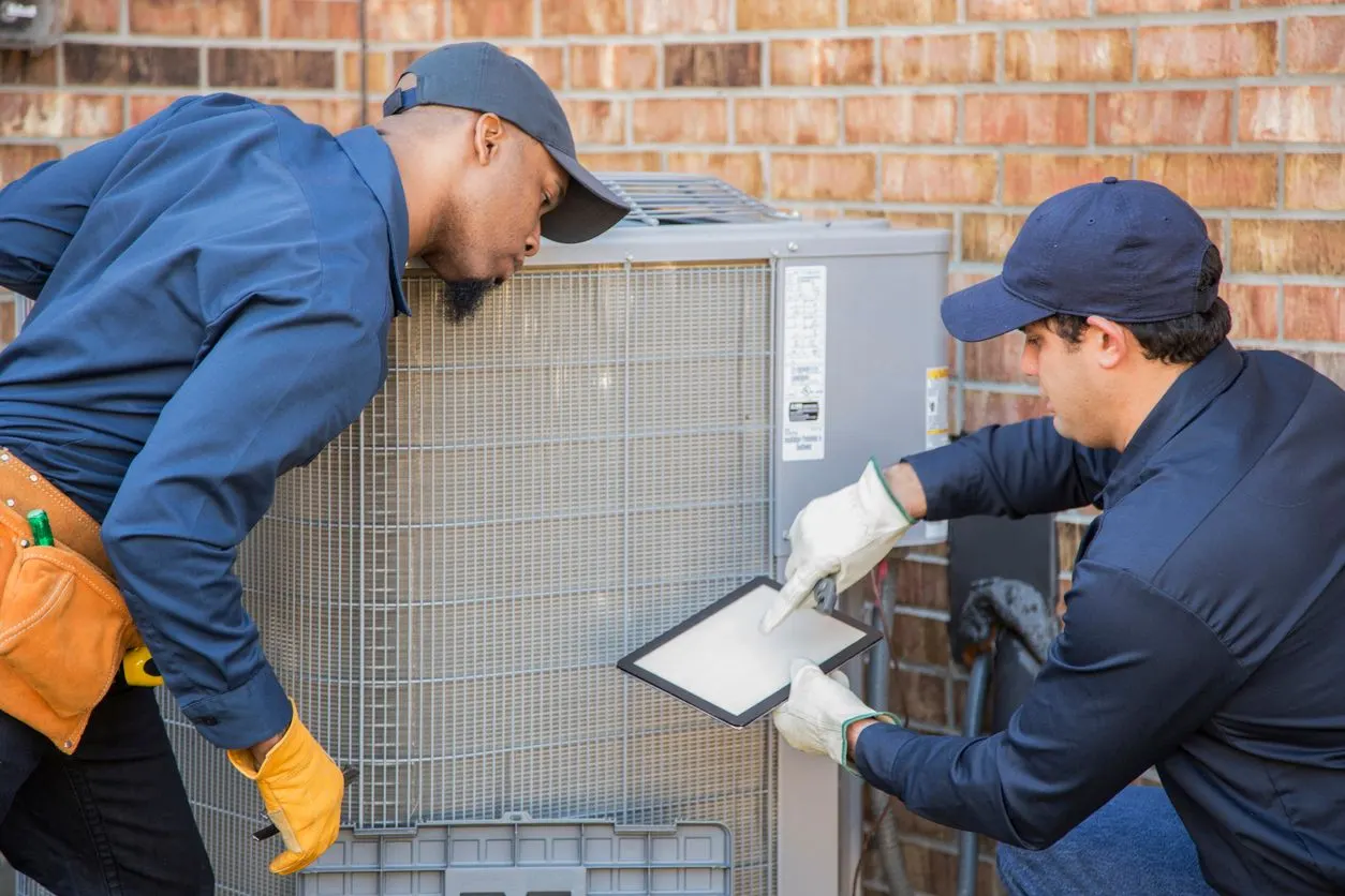 Two technicians in blue uniforms and hats inspect an outdoor HVAC unit, with one pointing at a tablet.