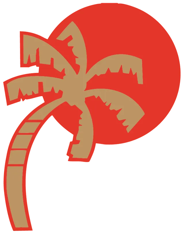 A tan palm tree silhouette overlapping a large, solid red circle on a white background.