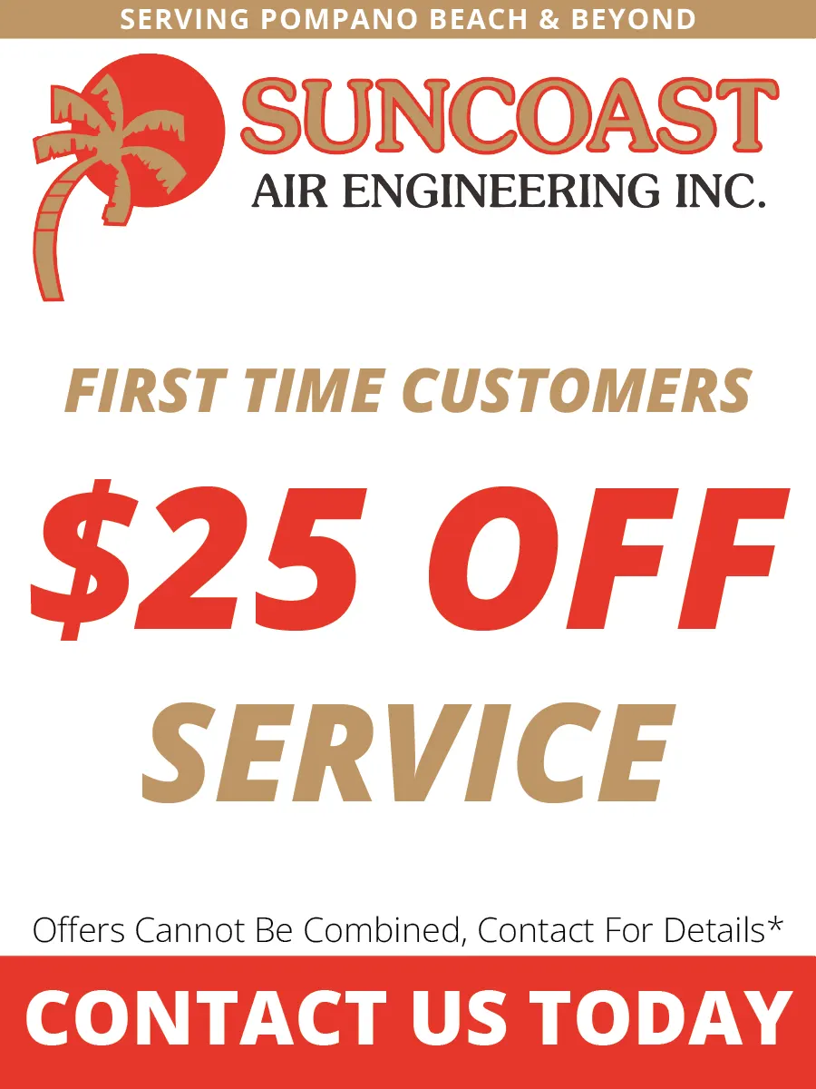 Promotional flyer for Suncoast Air Engineering Inc. offering $25 off service for first-time customers in Pompano Beach.